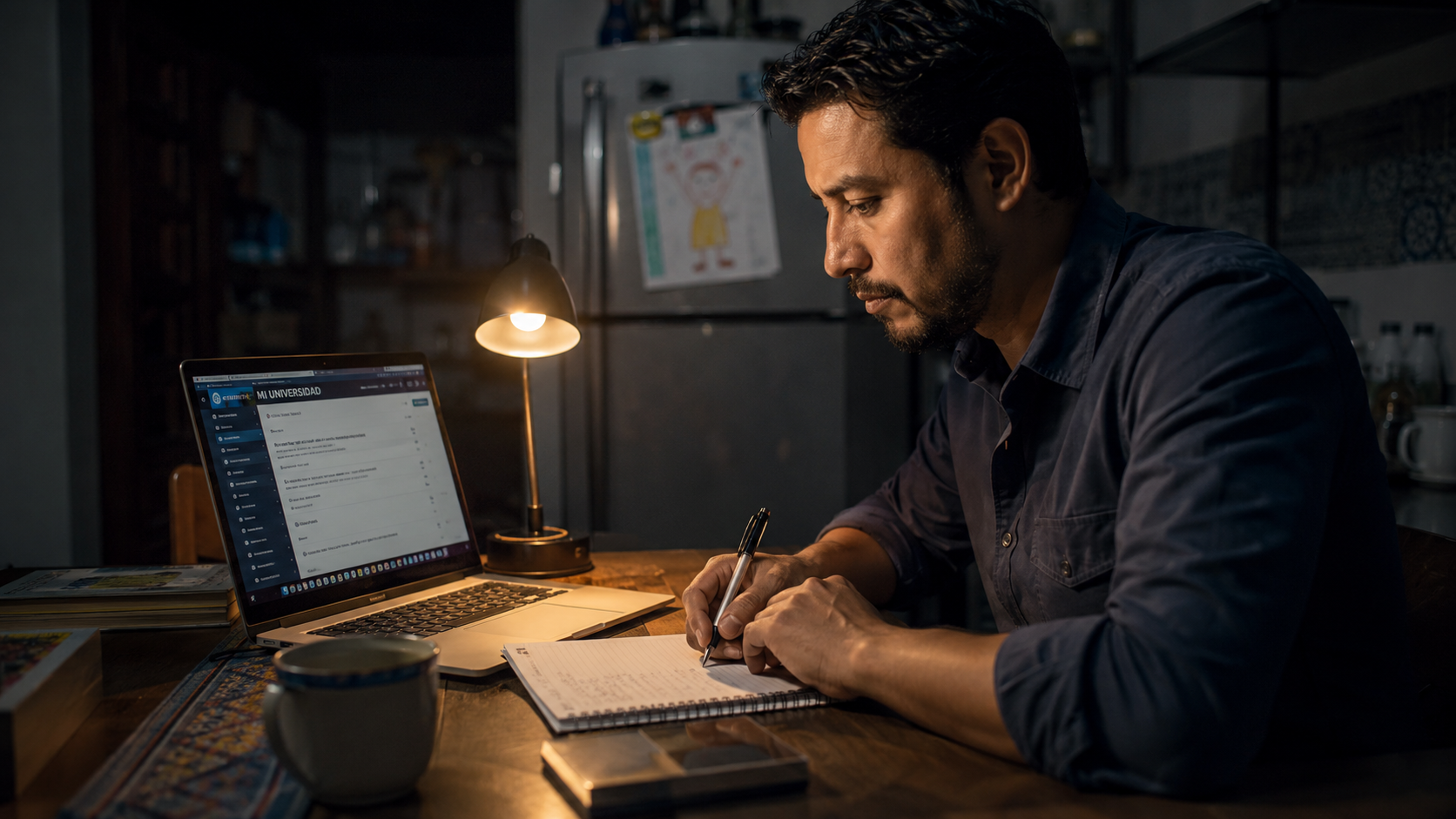 Adulto estudiando de noche en su cocina con laptop abierta mostrando la plataforma ALTUM — disciplina y superación profesional