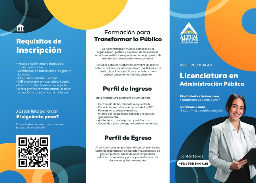 Portada del folleto oficial — Licenciatura en Administración Pública, ALTUM Instituto Universitario