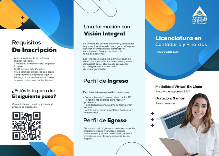 Portada del folleto oficial — Licenciatura en Contaduría y Finanzas, ALTUM Instituto Universitario